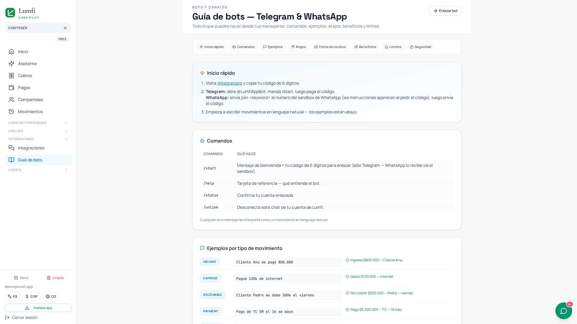 Guía del bot de Telegram y WhatsApp de Lumfi